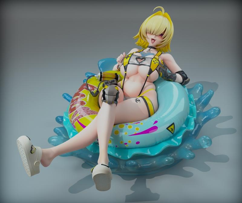 Elegg from Nikke character figure sitting on a blue inflatable ring with yellow accents, wearing a yellow bikini and...