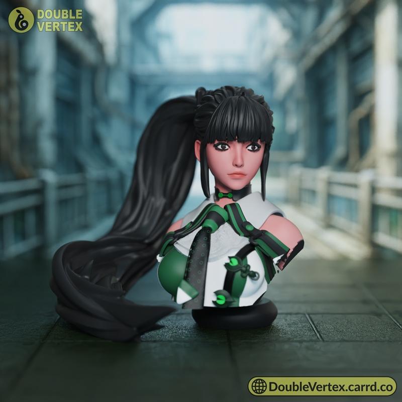 Bust of Eve from Stellar Blade game, featuring a black ponytail, green and white outfit, and detailed sculpting by Do...