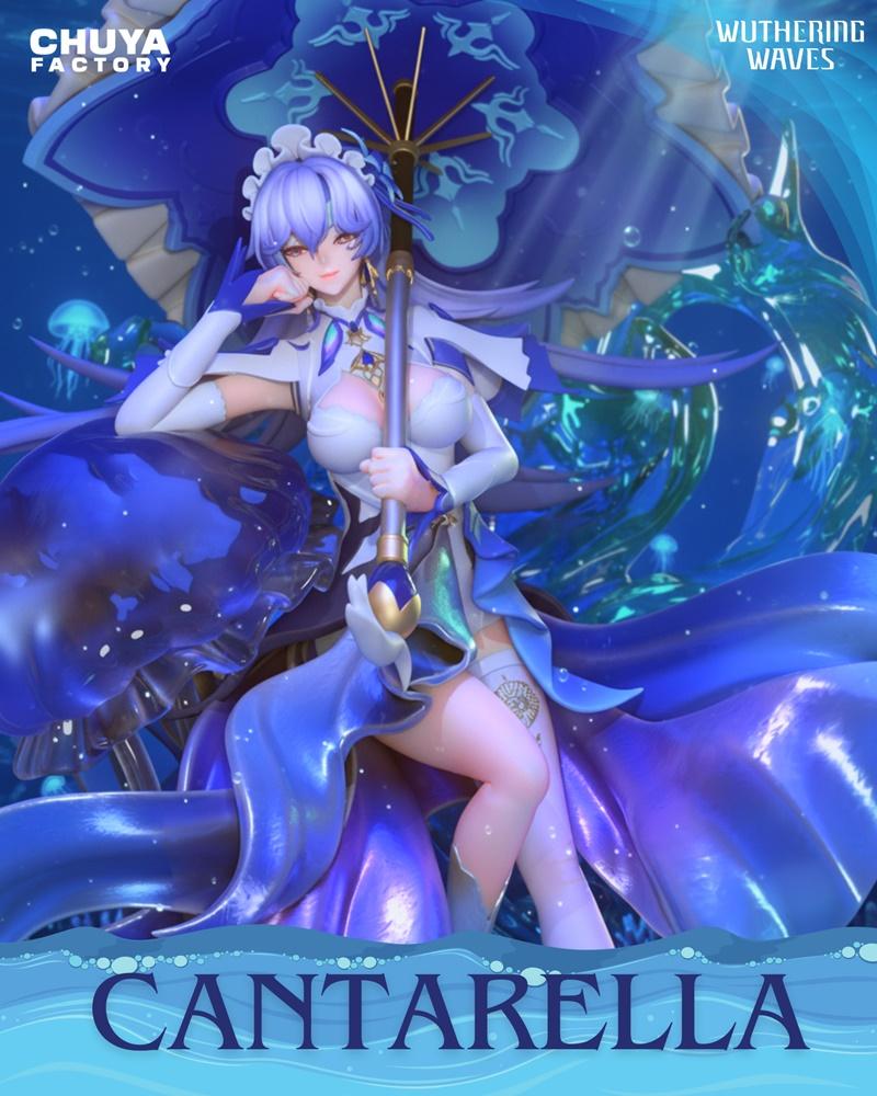 Cantarella figure by Chuya Factory, holding a blue umbrella, wearing a revealing white and blue outfit, surrounded by...
