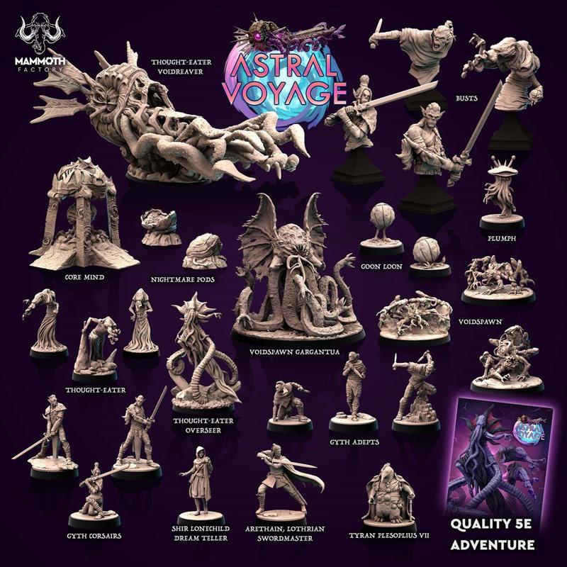 Collection of fantasy and horror miniatures for 3D printing, including eldritch creatures with tentacles, warriors, a...