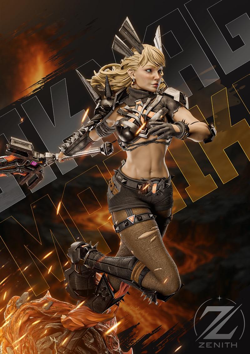 Magik figure in dynamic mid-air pose, wearing dark armor, ripped shorts, and spiked boots, holding a glowing weapon....