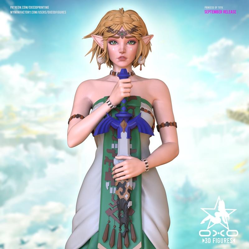 Princess Zelda from Tears of the Kingdom holding the Master Sword, wearing a green and white dress and elven tiara. 3...