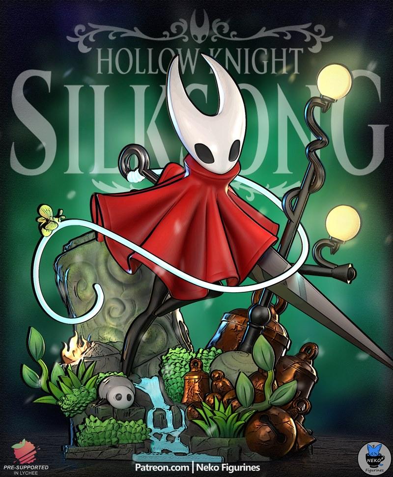 Hornet from Hollow Knight: Silksong in a dynamic pose, holding her needle weapon, standing on an elaborate diorama ba...