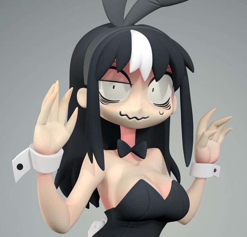 3D model of Bunny Noss in a black bunny suit with bow tie and cuffs, exaggerated anime expression, grey background.