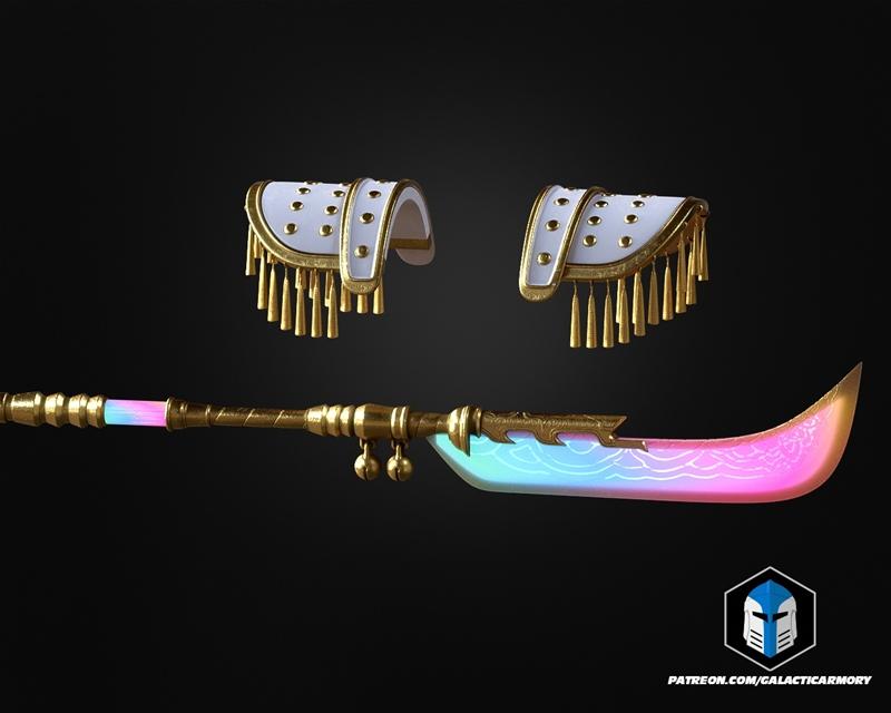 Ornate golden polearm with a pastel-colored blade and two white and gold shoulder pauldrons with tassels.