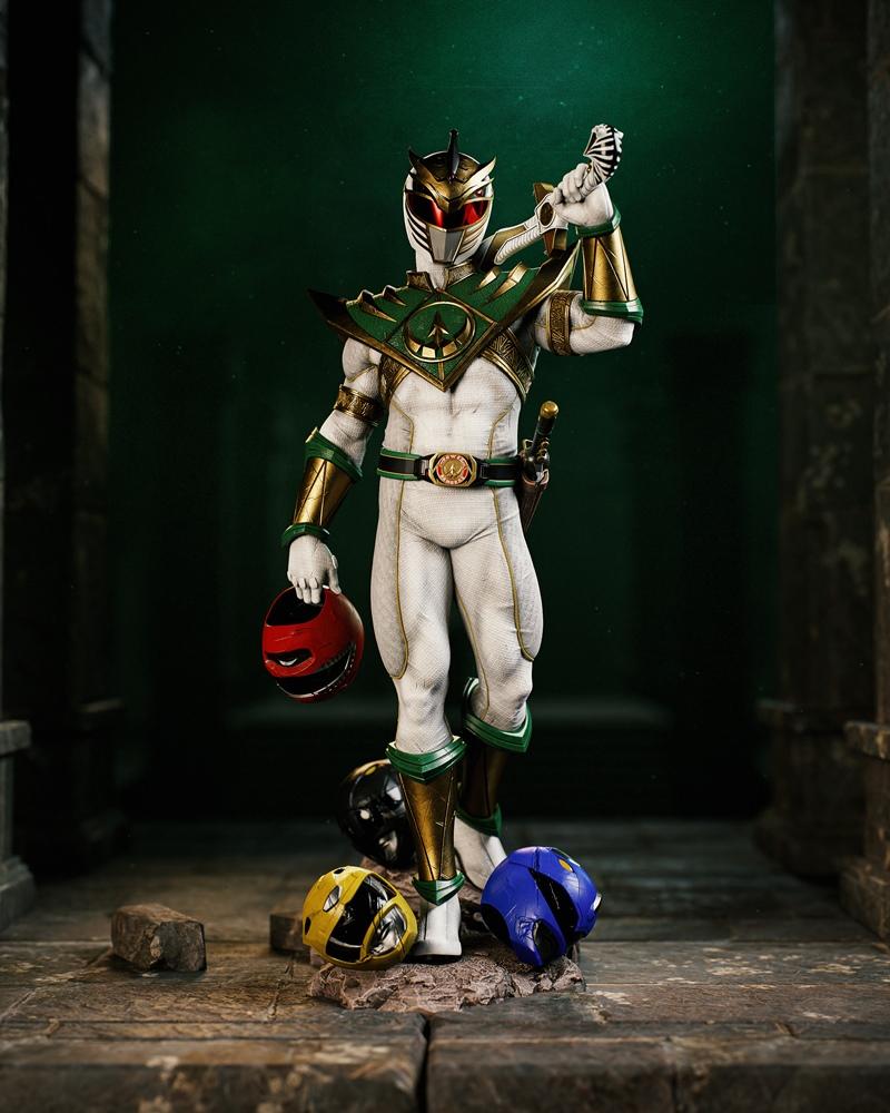 Lord Drakkon 3D model figure in white and green Power Ranger armor, holding a sword and a red helmet, with other colo...