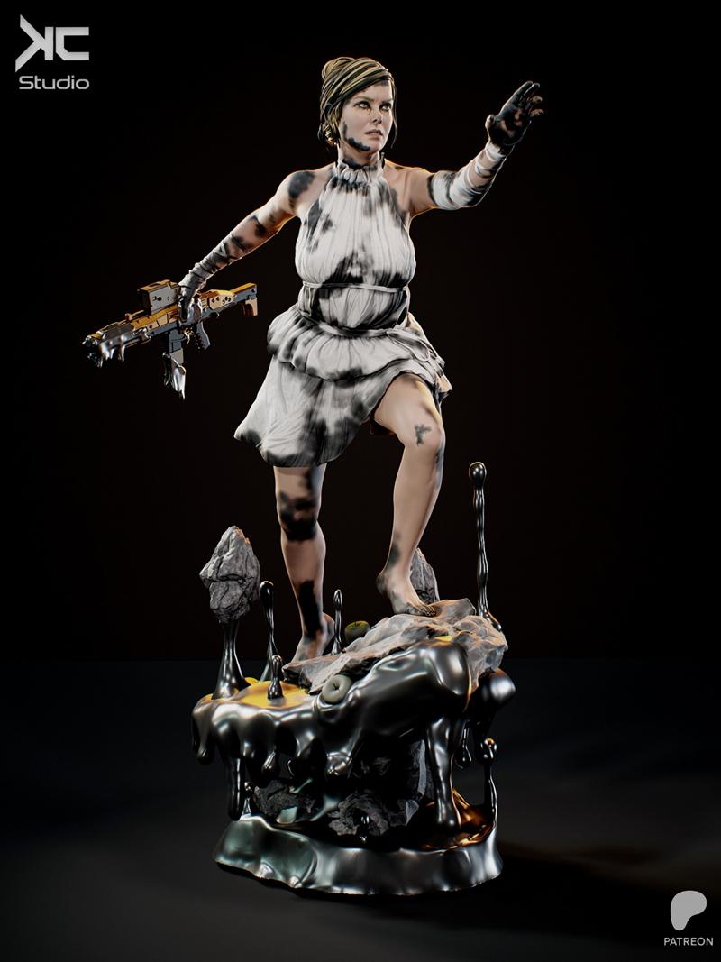 KC Studio Tomorrow 3D model: Woman in a black and white dress holding a sci-fi rifle, standing on a dark, glossy, roc...