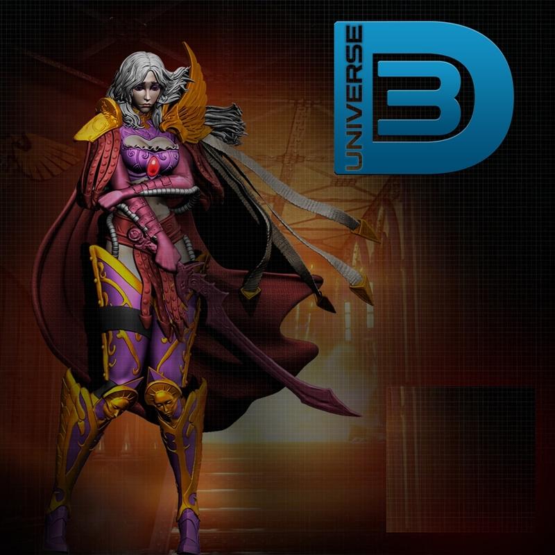 Warhammer Girl 3D model figure with ornate purple and gold armor, crimson cape, and sword. Detailed fantasy and gothi...