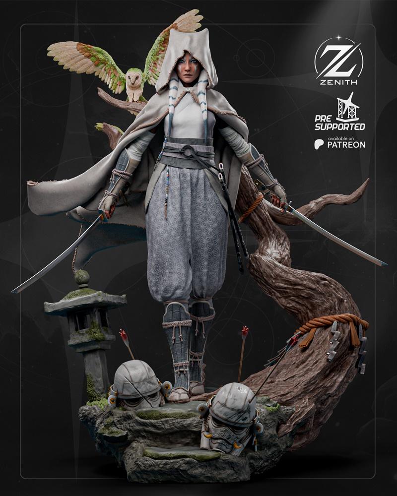 Samurai-inspired Ahsoka Tano figure by Zenith Studios, holding two katanas, wearing a hooded cloak and traditional sa...