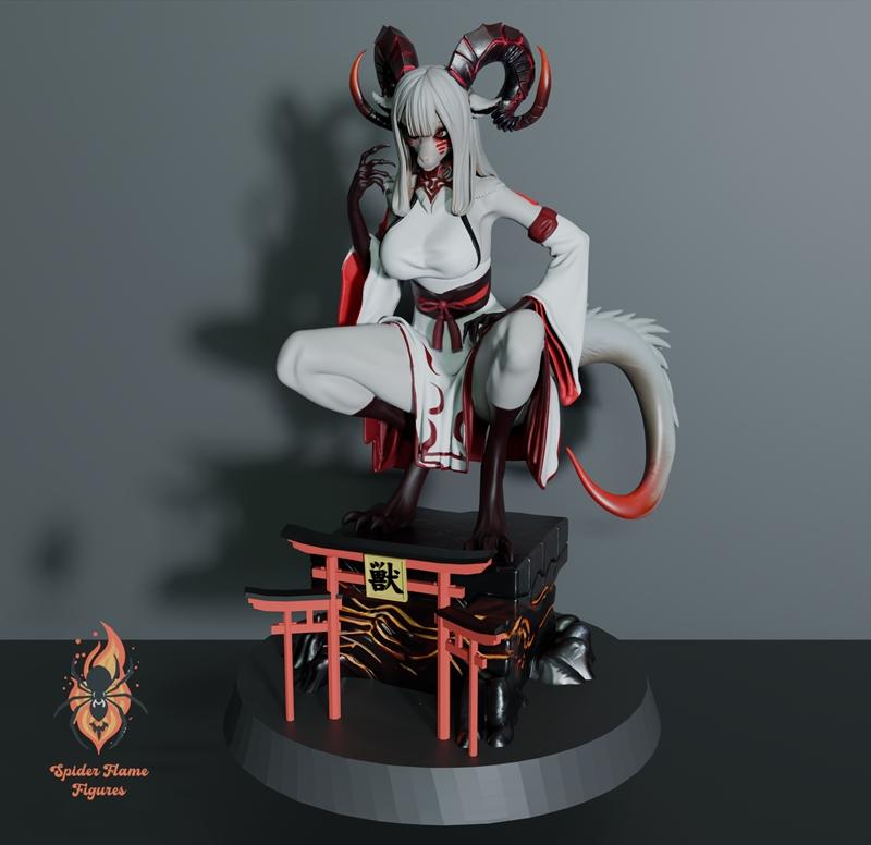 A crouching monster girl figure with white hair, red-accented horns, and a white miko outfit, posed on a base with to...