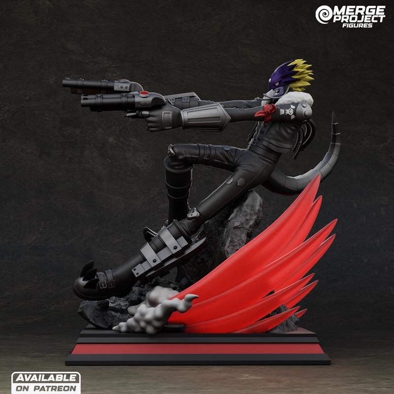 Beelzemon 3D model figure in a dynamic action pose, dual-wielding guns with red energy wings and smoke effects on the...