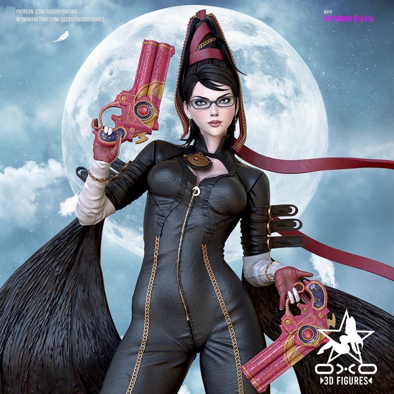 Bayonetta figure in a black catsuit holding dual pistols, with a large moon in the background. OXO3D Figures logo vis...
