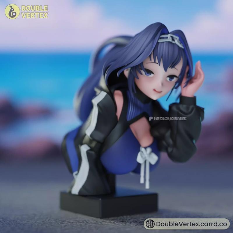 Double Vertex 3D printable bust of Ouro Kronii from Hololive, wearing a blue summer outfit with a black jacket, leani...