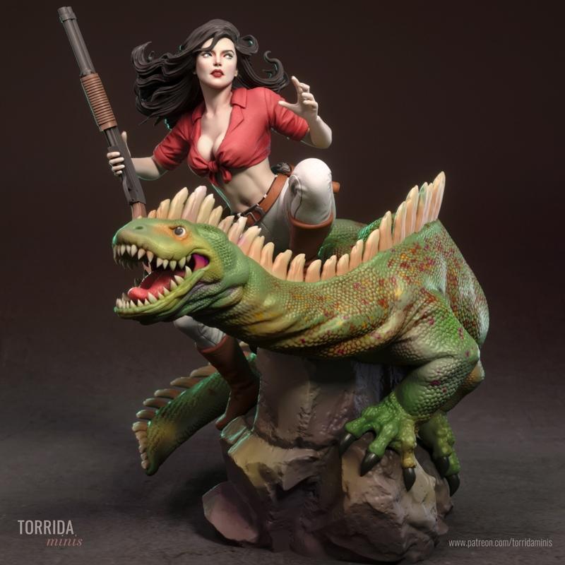 Hannah Dundee figure riding a green dinosaur, holding a shotgun. She wears a red tied shirt and white pants. The dino...