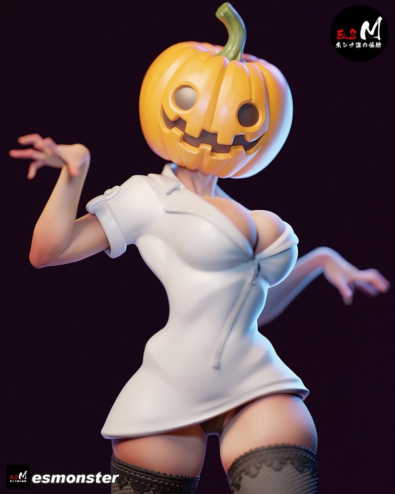 3D model of Lady Pumpkin, a figure with a jack-o'-lantern head wearing a revealing white nurse outfit and fishnet sto...