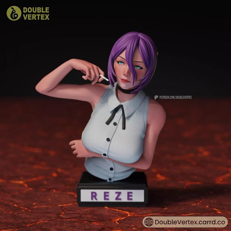 Bust of Reze from Chainsaw Man, purple hair, blue eyes, holding a cigarette, wearing a white shirt and black choker,...