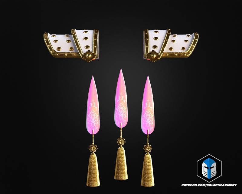 Two white and gold pauldrons with rivets, and three pink ornamental blades with golden tassels, designed by GalacticA...