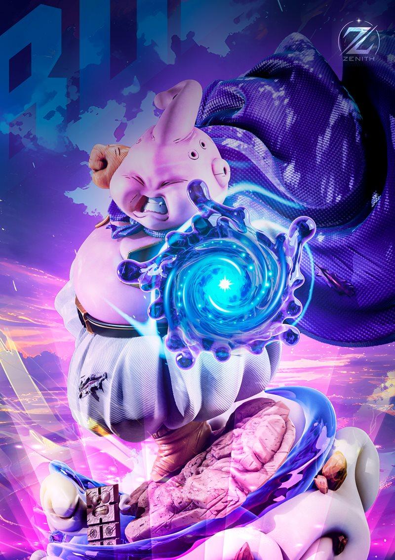 Majin Boo figure from Dragon Ball unleashing a blue energy blast, wearing a purple cape and white attire, sculpted by...