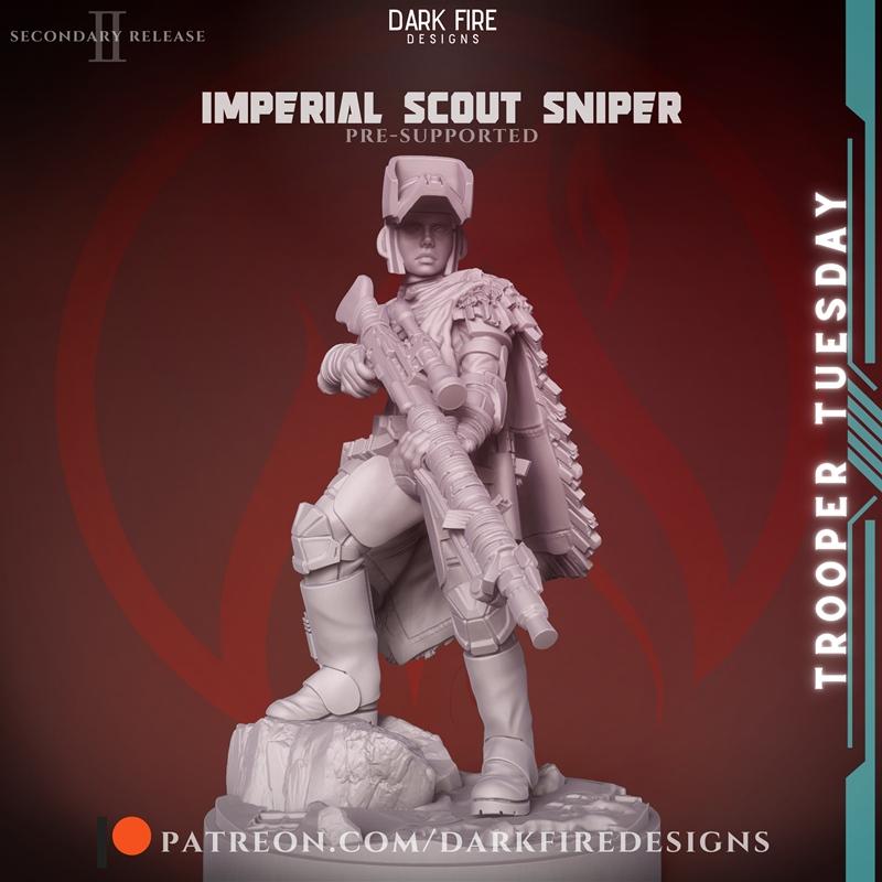 3D model of a female Imperial Scout Sniper in sci-fi armor, holding a rifle, wearing a cape and helmet, standing on a...