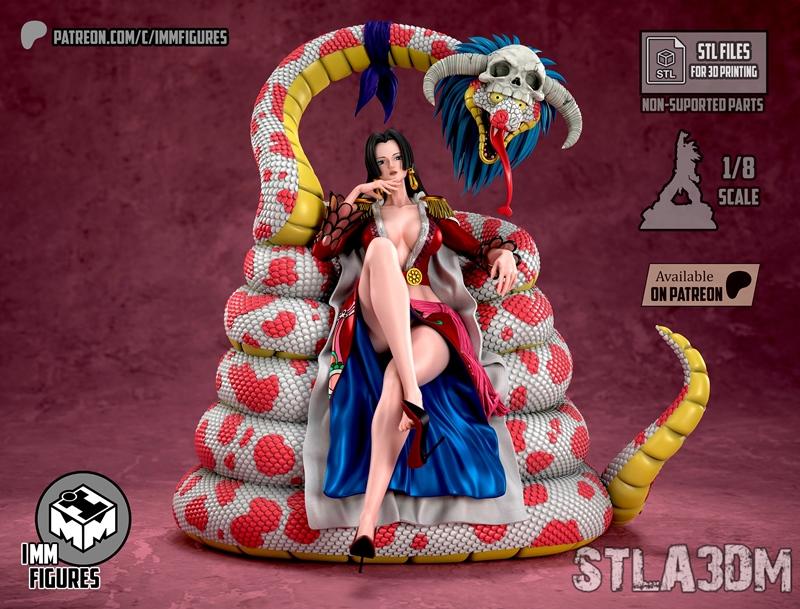 Boa Hancock figure seated on a coiled snake throne, wearing a red and white coat and revealing outfit. 1/8 scale, STL...