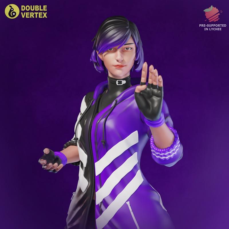 3D model of Reina Mishima from Tekken 8, wearing a purple and black jacket with white stripes, black gloves, and stri...