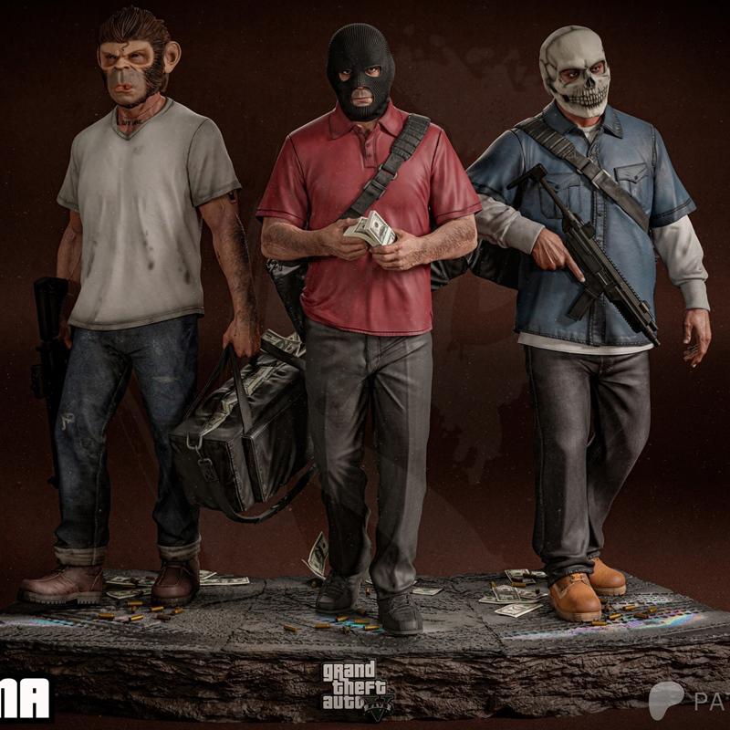 VS3D GTA V diorama with three crime characters: one in a monkey mask with a duffel bag, one in a ski mask holding cas...