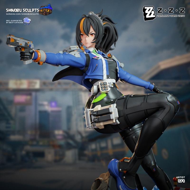 Zhu Yuan character figure from Zenless Zone Zero, holding a pistol in an action pose, wearing a blue jacket and black...