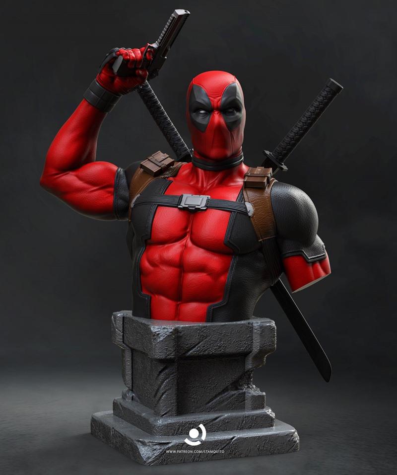 Deadpool bust with pistol raised and katanas on back, wearing red and black suit, mounted on stone pedestal. Stalyn Q...