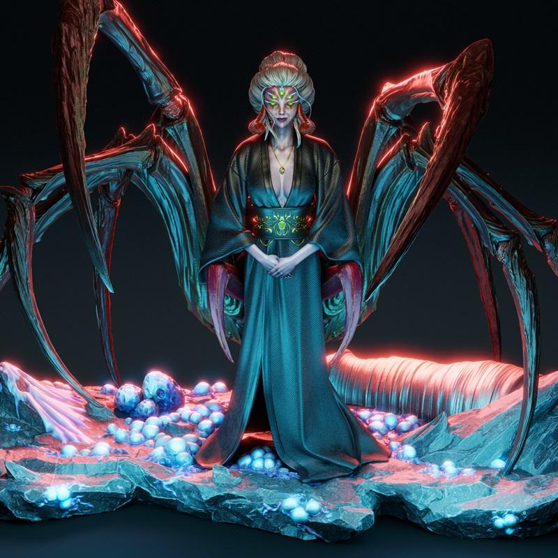Spider Spirit figure in a teal kimono with gold trim, standing before large, glowing spider legs. The base features g...