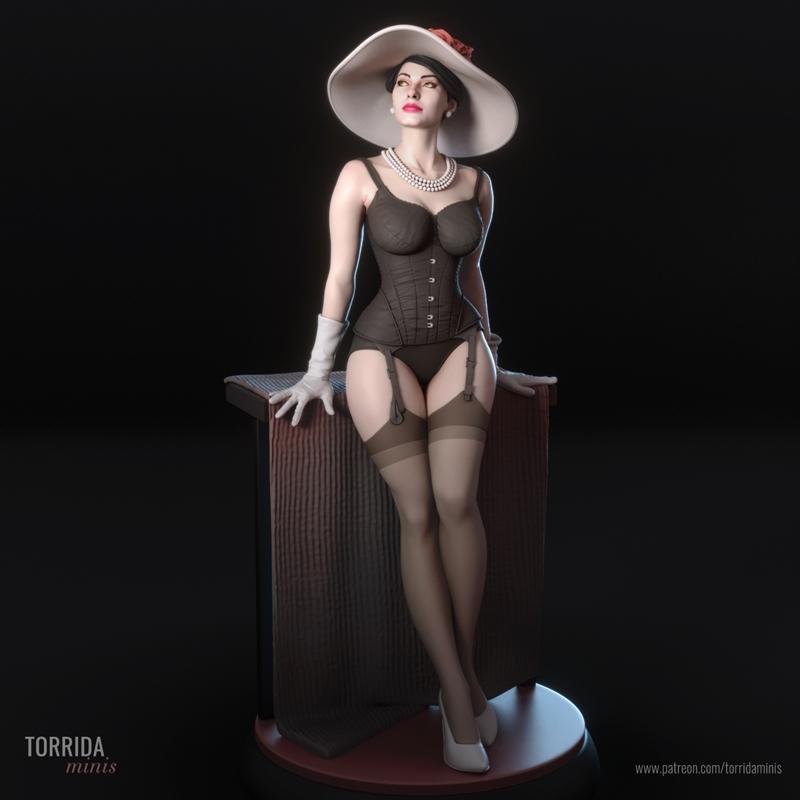 3D model of Sophia Loren in vintage lingerie, wearing a wide-brimmed hat and pearl necklace, leaning against a pedestal.