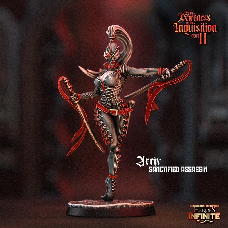 Aerix - Sanctified Assassin 3D model figure, female assassin in dark suit with red accents, holding two swords with f...