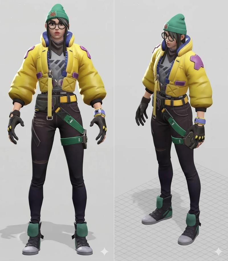 3D model of Killjoy from Valorant, shown from front and side. She wears a yellow puffy jacket, dark pants with green...