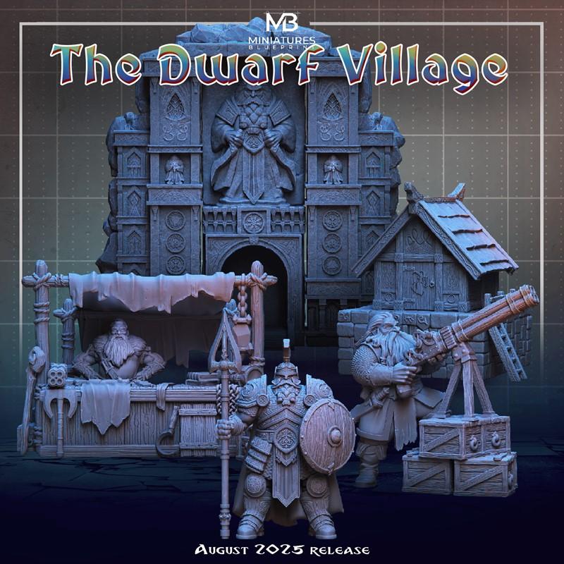 3D printable miniatures of a dwarf village. Features a central stone building with a large statue, a market stall wit...