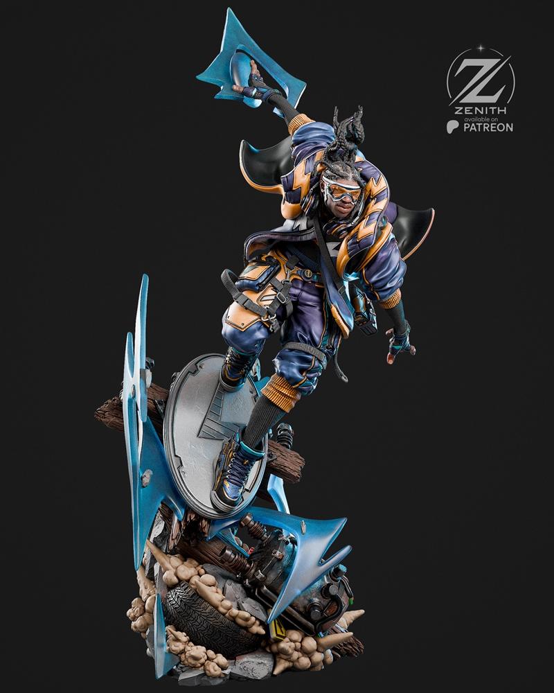 Static Shock figure in a dynamic mid-air pose, riding an energy disc with blue lightning effects. Wears a blue and ye...