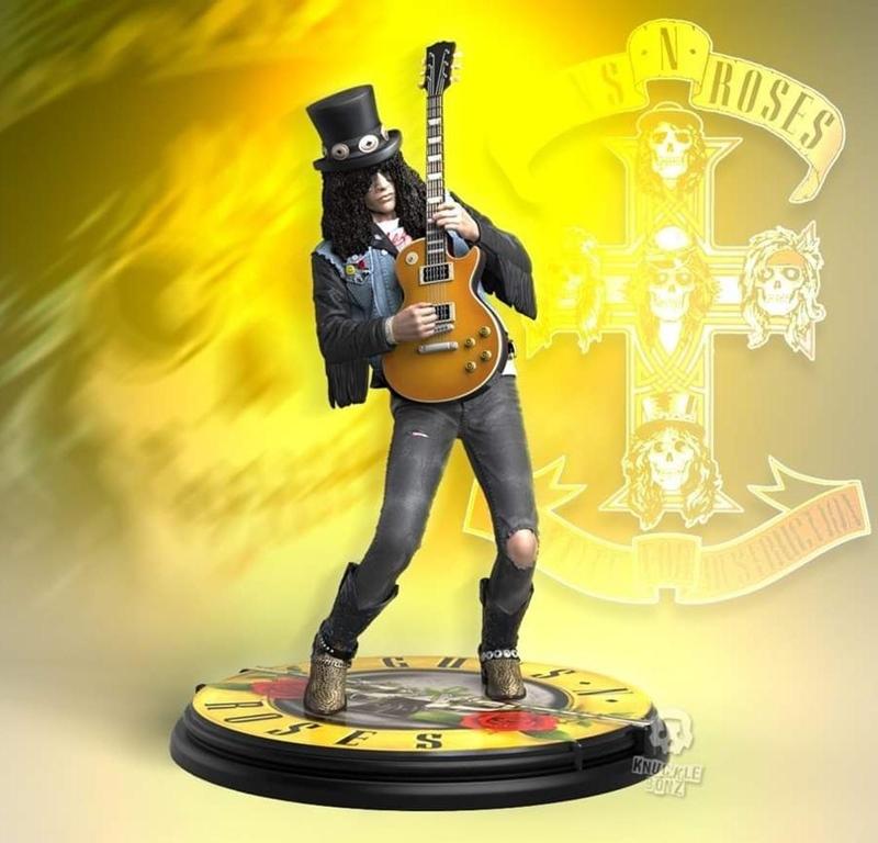 3D printable figure of Slash, guitarist for Guns N' Roses, holding a guitar, wearing a top hat and ripped jeans, stan...