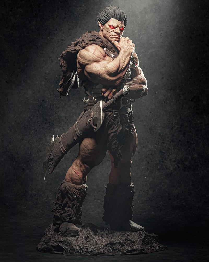 Muscular male figure of Zodd from Berserk, with red eyes, fur cloak, and sword, standing on a rocky base.