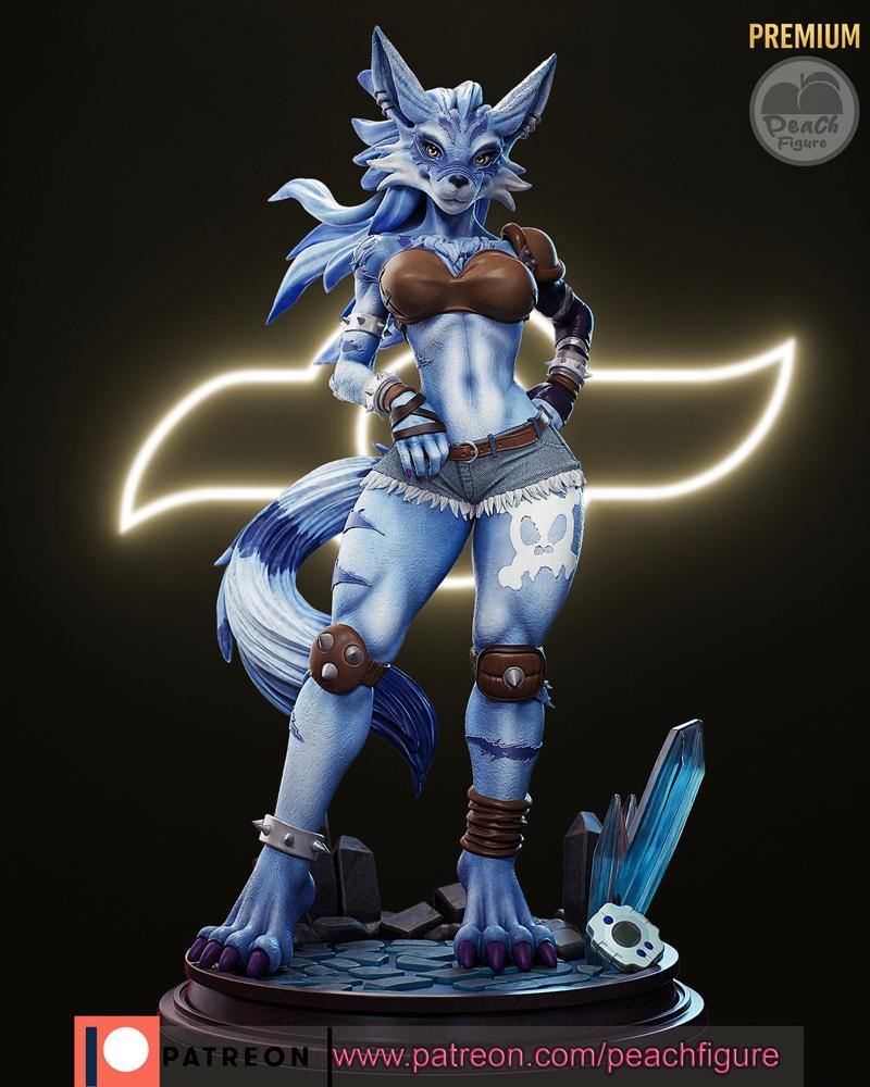 3D model of Weregarurumon, a blue anthropomorphic wolf-like creature with brown top and denim shorts, standing on a r...