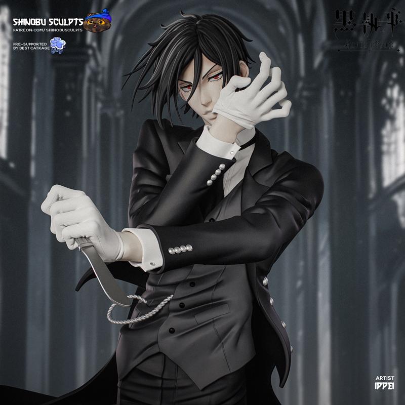 Sebastian Michaelis figure in a black suit and white gloves, holding a knife. Anime style, gothic background. By Shin...