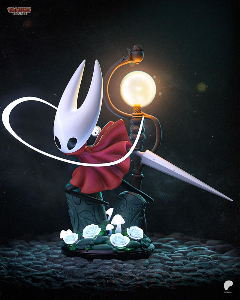 Hornet from Hollow Knight figure, holding a needle and a glowing lantern, standing on a base with roses and mushrooms...