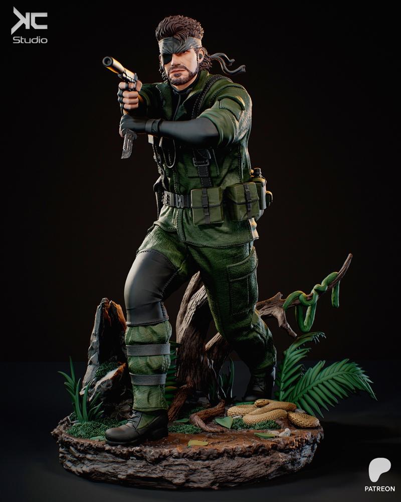 Naked Snake figure in tactical green military uniform, holding a pistol, standing on a jungle diorama base with snake...