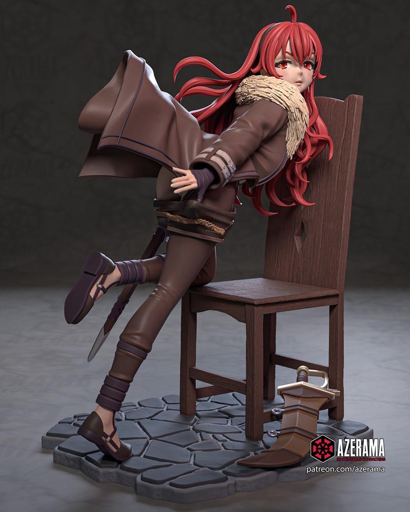 3D model of Eris Greyrat from Mushoku Tensei, seated on a wooden chair, wearing brown adventurer's clothing, with a s...