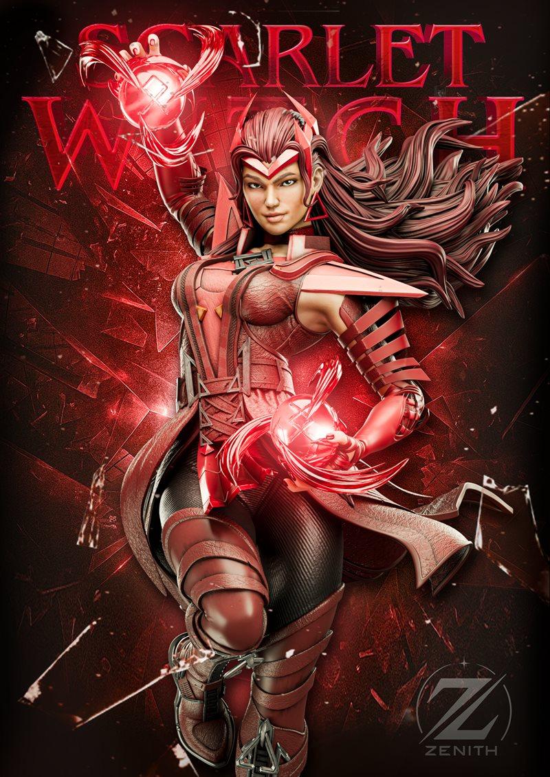 Scarlet Witch figure in red armor, channeling red magic with both hands, long flowing hair, detailed costume, Zenith...