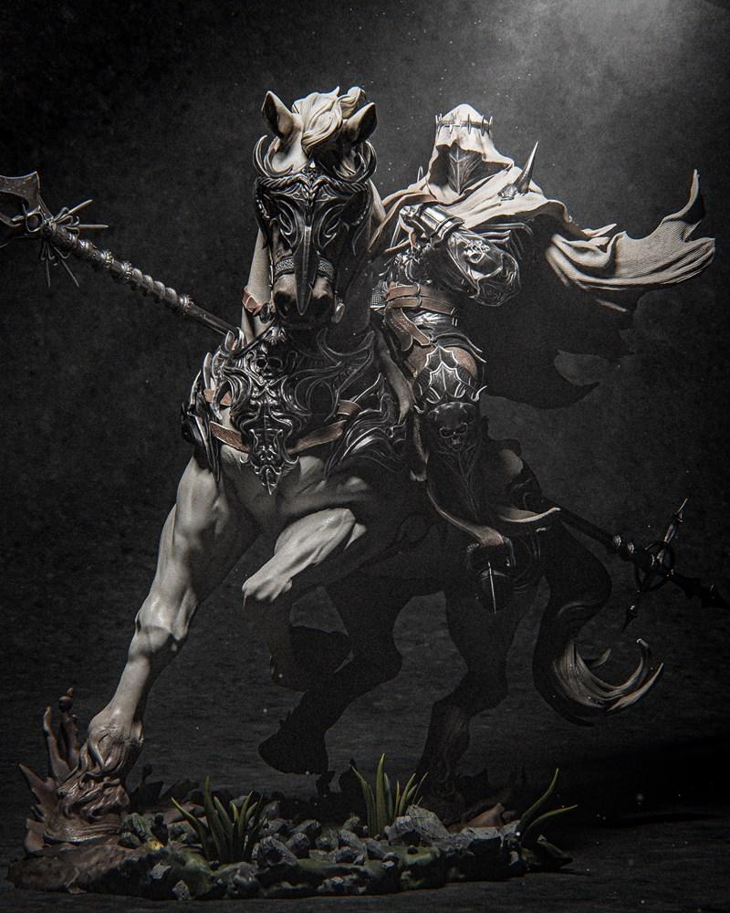 Knight in ornate dark fantasy armor riding a horse, holding a spear. Detailed sculpt by CA 3D Studios.