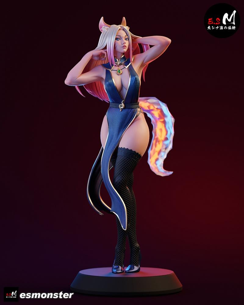 E.S Monster 3D model of Ahri from League of Legends, wearing a revealing blue dress and thigh-high stockings, with fo...