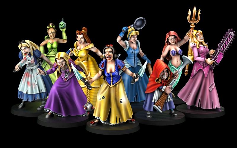 Group of nine menacing Disney-inspired princess figures from Cross Lances, armed with knives, a chainsaw, a frying pa...