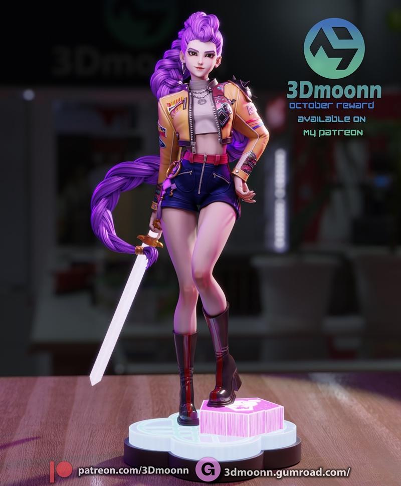 3D model of Rumi, a female character with long purple braided hair, wearing a yellow jacket, crop top, denim shorts,...