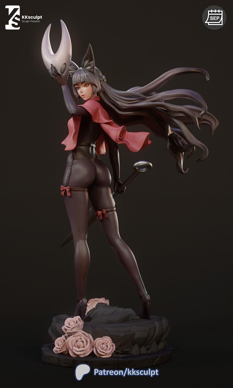 KKsculpt 3D model of Hornet from Hollow Knight, featuring cat ears, long dark hair, red capelet, and dark outfit, hol...