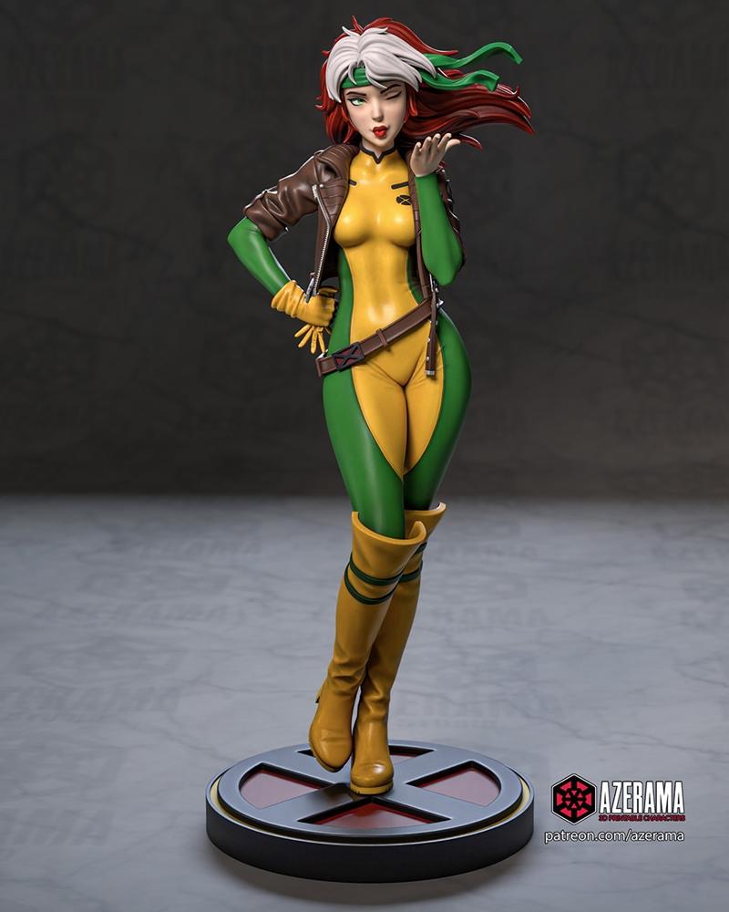 Rogue from Marvel Comics, wearing a green and yellow bodysuit, brown leather jacket, and yellow boots, striking a pos...