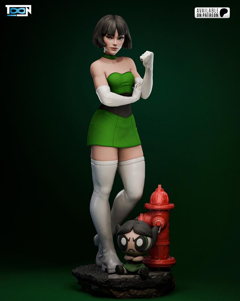 Buttercup figure from Powerpuff Girls, wearing a green dress and white gloves, with a chibi version of herself and a...