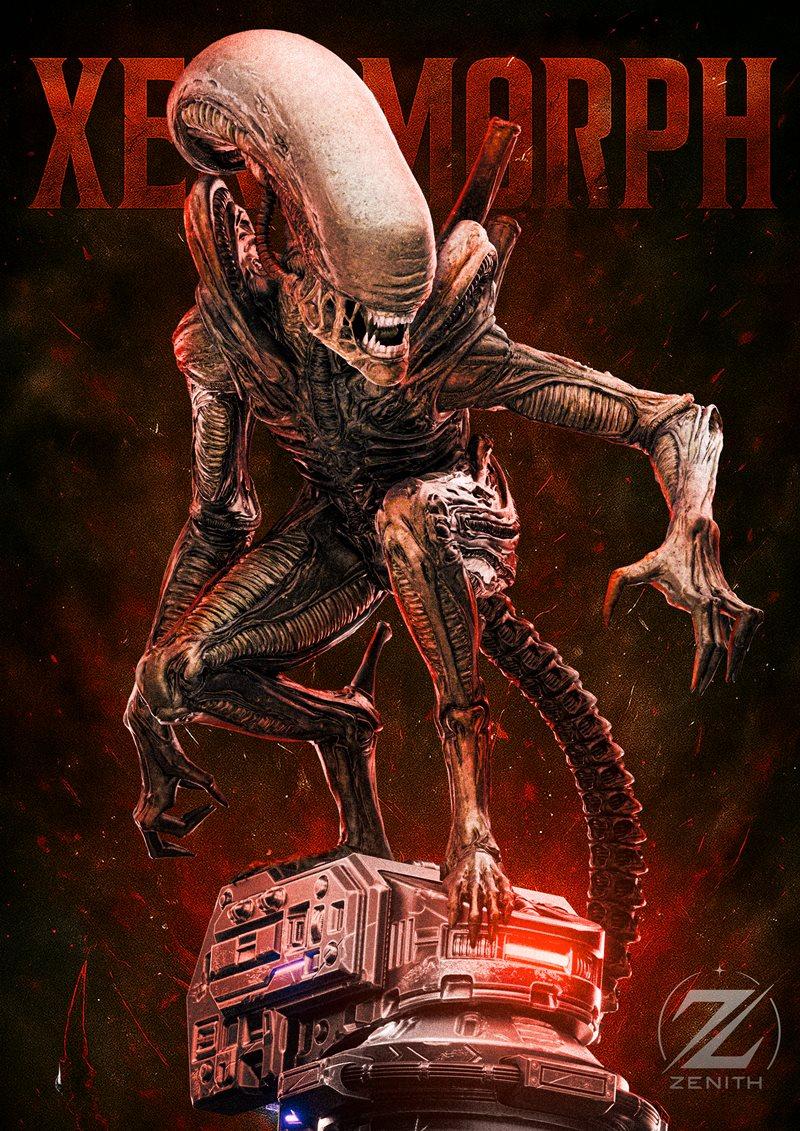 Zenith Studios Xenomorph figure in a crouching pose on a sci-fi base with red glowing lights. The creature has a biom...